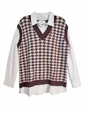 Pinque Mahalia Houndstooth Layered V Neck Sweater Vest Top in Plum